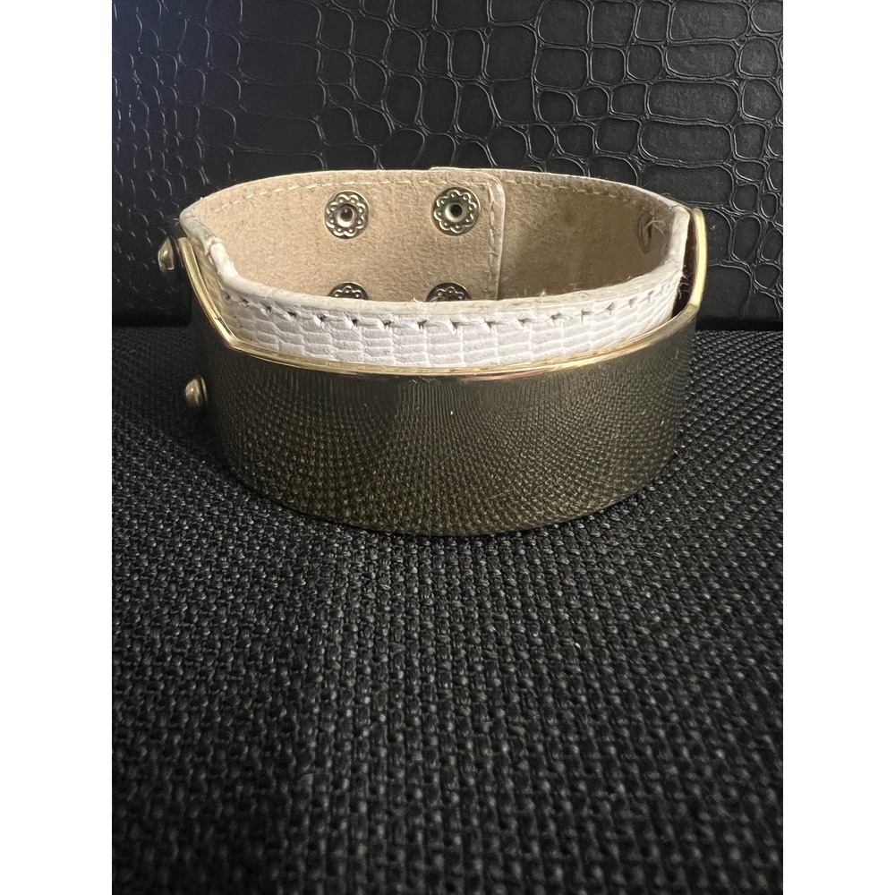 White Faux Leather Gold Tone Metal Plate Cuff Bracelet Adjustable Gorpcore